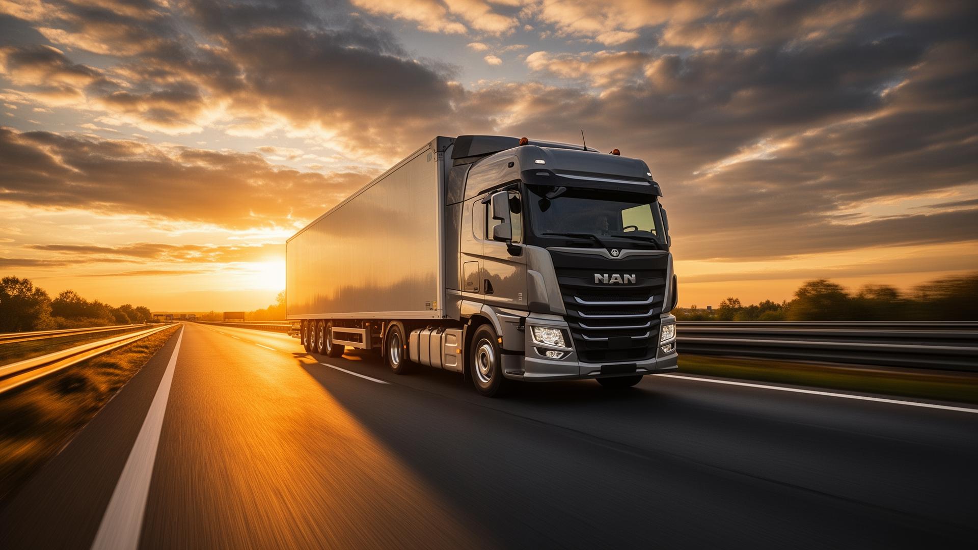 Sattelzug auf der Autobahn im Abendlicht